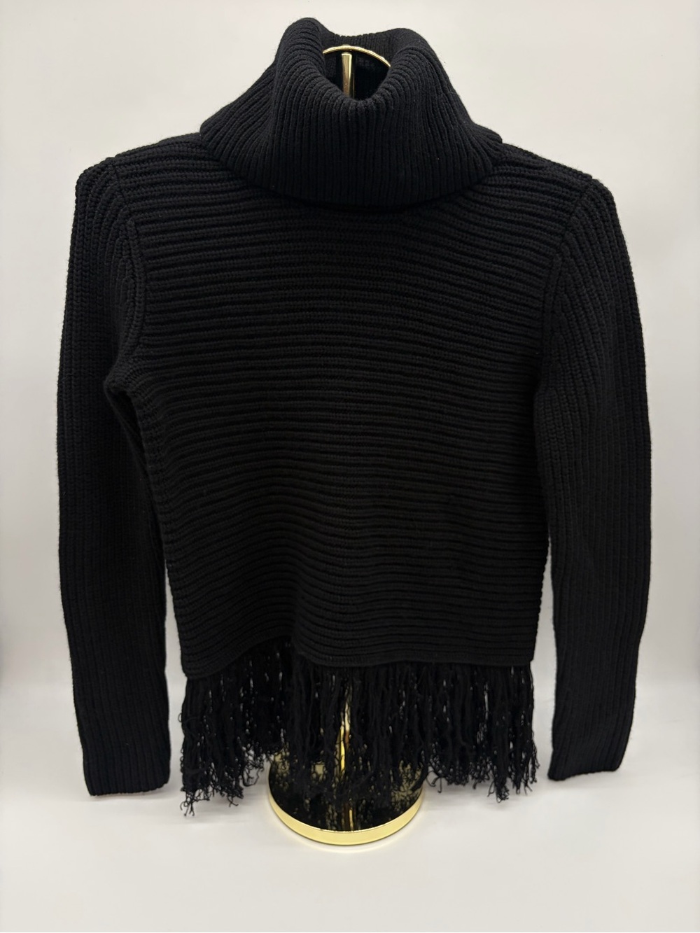 Michael Kors Black Ribbed Turtleneck Sweater with Fringe Hem
